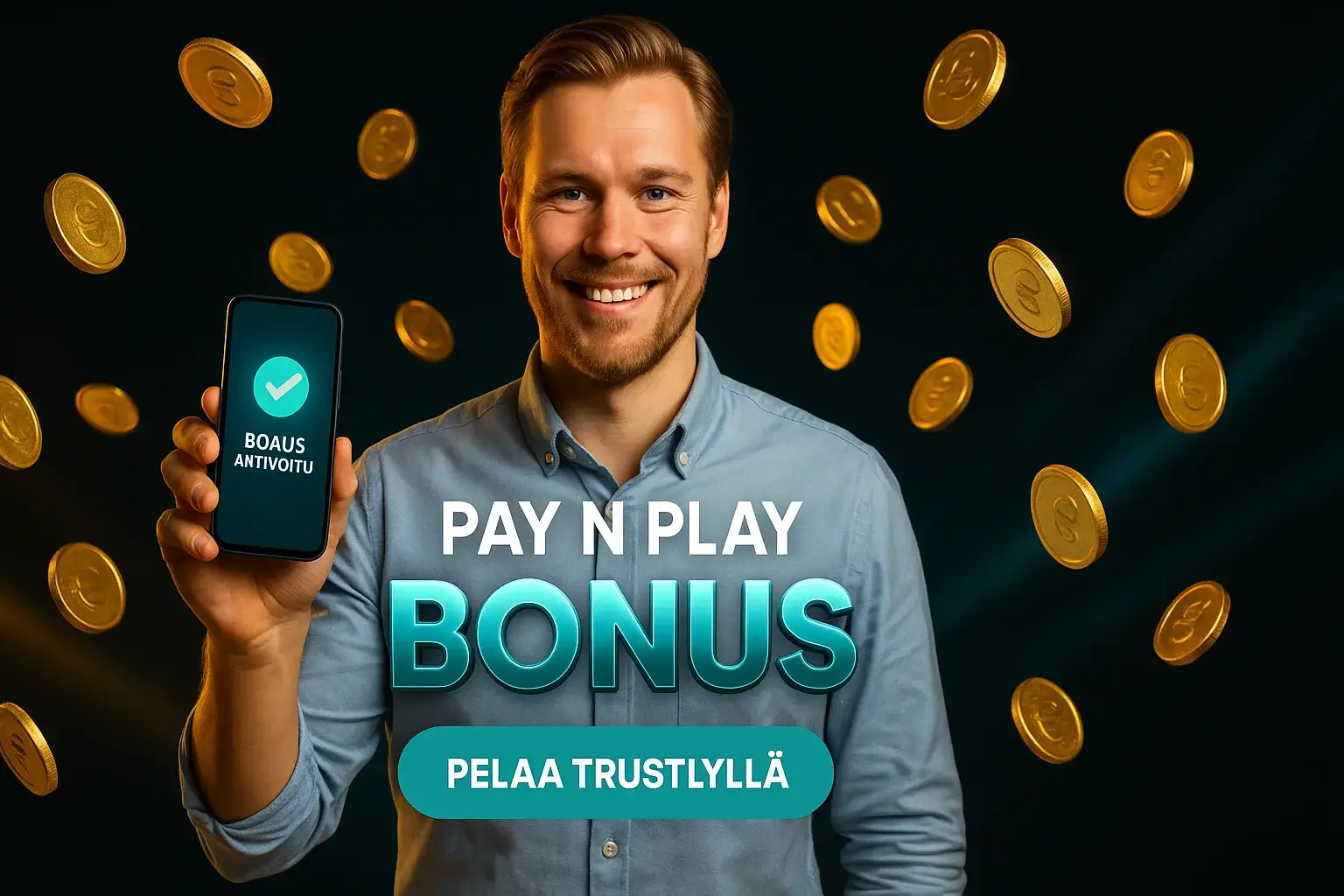 Suomalainen mies pitelee hehkuvaa puhelinta, kultakolikoita ja bonus-teksti
