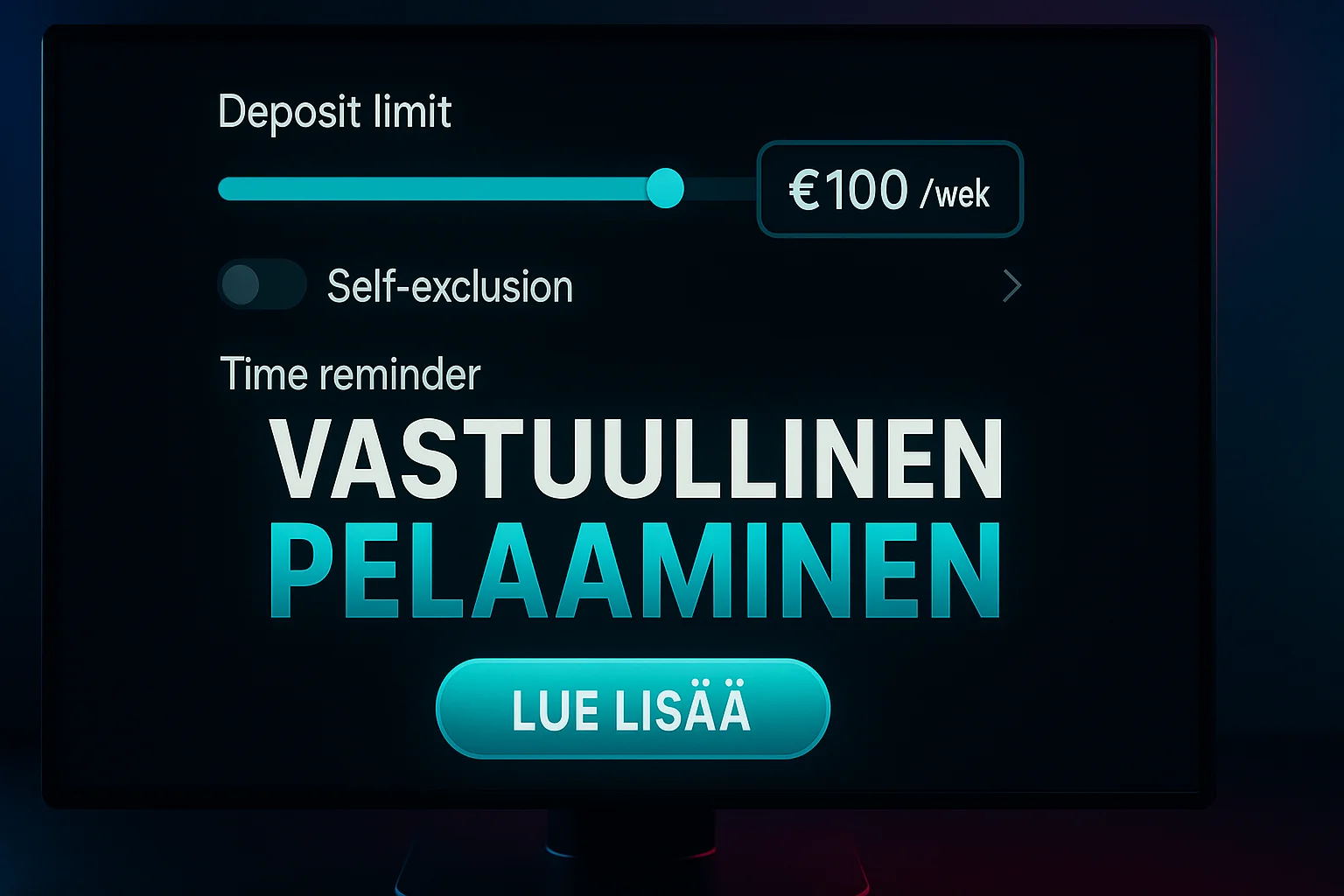 Suomalainen kasinobanneri vastuullisen pelaamisen asetuksilla ja Lue Lisää -painikkeella