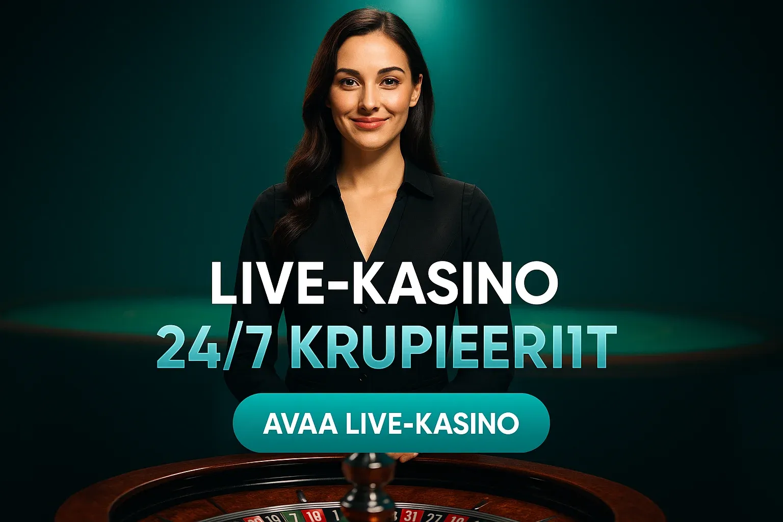 Fotorealistinen live-kasino banneri, naisdiileri ruletin äärellä ja CTA