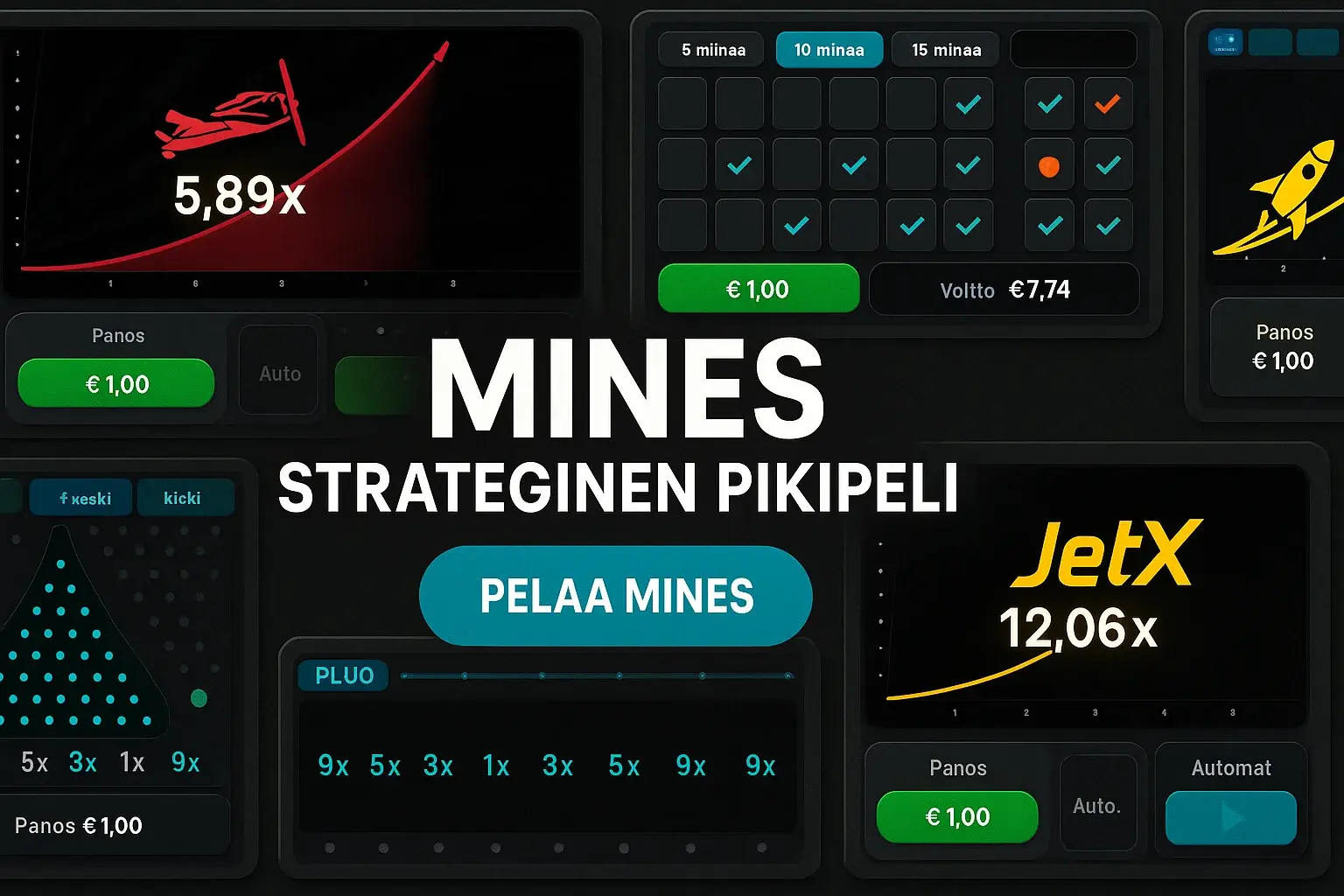 Suomalainen kasinobanneri Mines-pikapelistä, crash-pelien UI-ruudukko ja CTA