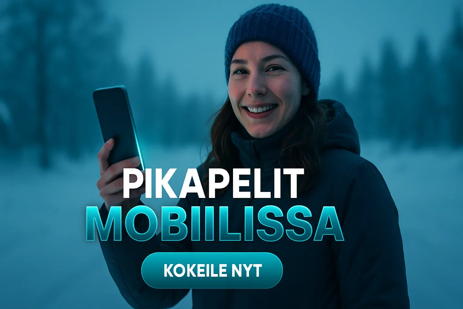 Suomalainen nainen talvimaisemassa pitää älypuhelinta, kasinomainosbanneri 16:9