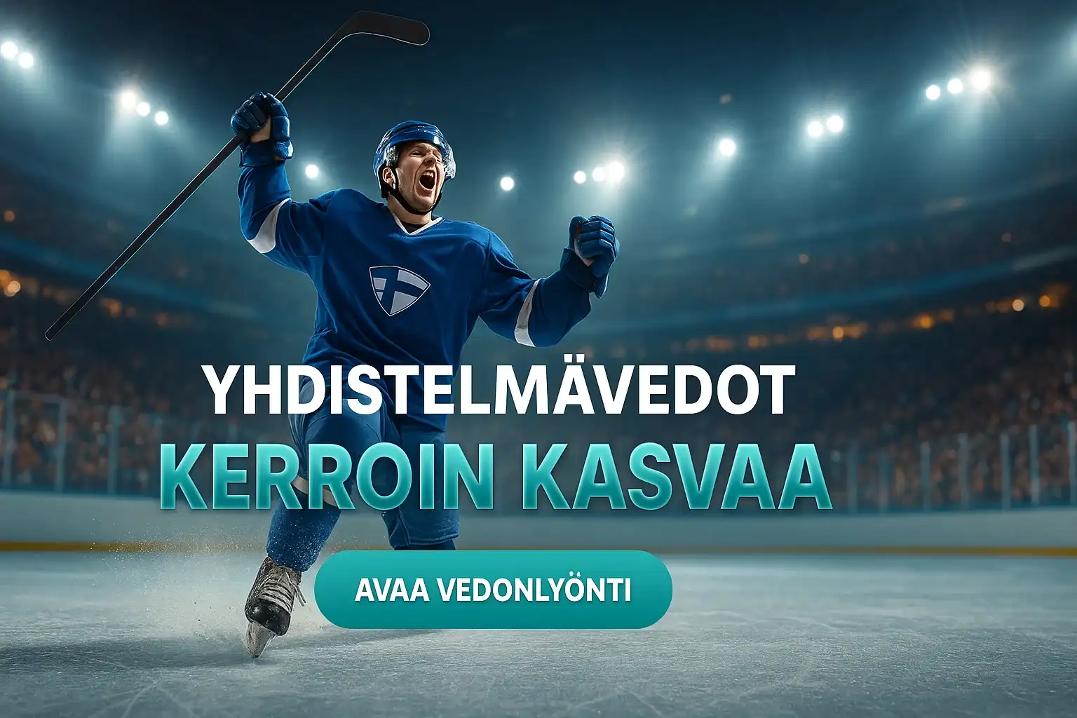 Suomalainen kasinomainosbanneri, SM-liiga jääkiekkoilija juhlii maalia areenalla
